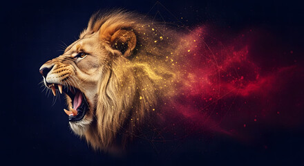 Dynamic digital art capturing a majestic roaring lion's head, dissolving into a vibrant, fiery dust particle effect, symbolizing strength and raw power