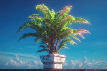 Lush tropical plant in vibrant pot against serene blue sky and clouds