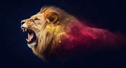 A powerful lion's roar visualized as a dynamic explosion of red and gold energy particles on a dark background