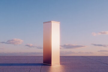 Sleek, reflective structure stands against pastel sky, evoking tranquility and modernity