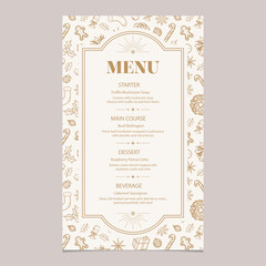 Christmas menu template with pattern in white gold theme. Vector illustration restaurant or cafe set menu with starter food, main course, dessert and beverage.