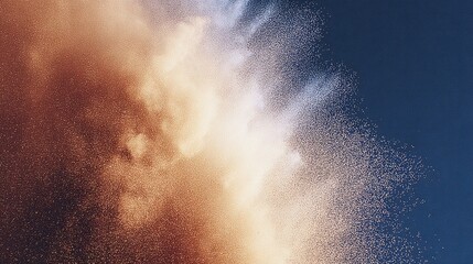Erupting dust clouds blend warm hues against clear blue sky, creating drama