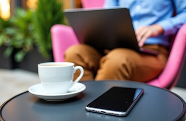 Woman working on laptop with smartphone and coffee cup on table