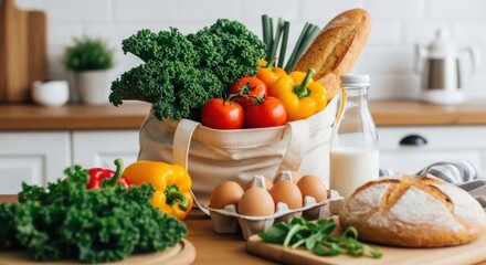 Fresh vegetables, eggs, and bread arranged on a wooden kitchen table for healthy cooking preparation