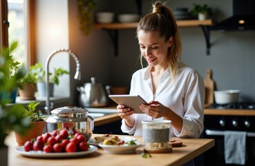 Woman using tablet in modern kitchen with fresh fruit and cooking ingredients