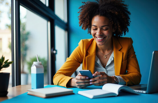 Woman using smartphone in bright modern office setting - Powered by Adobe