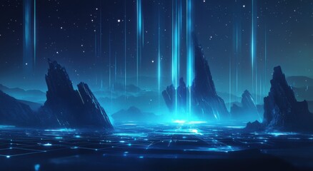 A futuristic landscape with beams of light, a digital surface, and a starry sky. The atmosphere of an alien world.