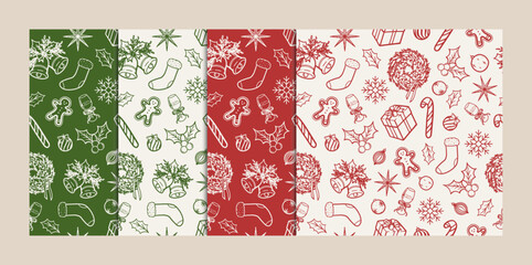 Set of hand-drawn christmas seamless pattern in red, green and white background. Vector illustration christmas pattern for background, wallpaper, wrapping and textile.