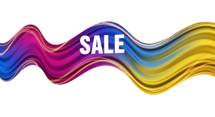 Abstract colorful wavy brush stroke with the word sale in white, isolated on transparent background