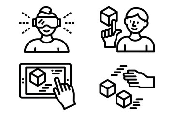 Illustrations depicting virtual reality and digital interaction with cubes.