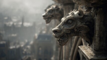 Ancient stone gargoyle sculpture detail on Gothic architectural structure, featuring weathered dragon head with dramatic atmospheric background in monochrome