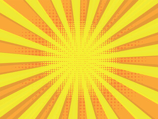 Comic book halftone background. Yellow orange sun pop art retro rays background.