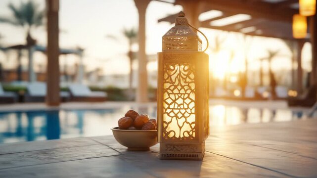 Ornate lantern and dates by poolside at sunset luxury resort relaxation
