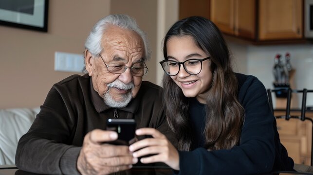 A young woman and a young man share smiles while chatting at a wooden table in a warm and inviting kitchen - Powered by Adobe