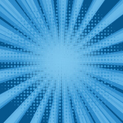 Obraz premium Comic book halftone background. Blue sun pop art retro rays background.