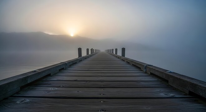 Tranquil scene of a wooden pier stretching into a misty lake at sunrise, evoking a sense of peace and serenity in natures embrace