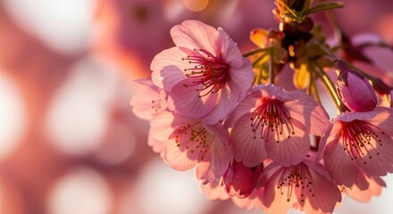 Cherry blossoms bloom in the warm sunshine of spring season, showcasing delicate pink petals and vibrant greenery in the background