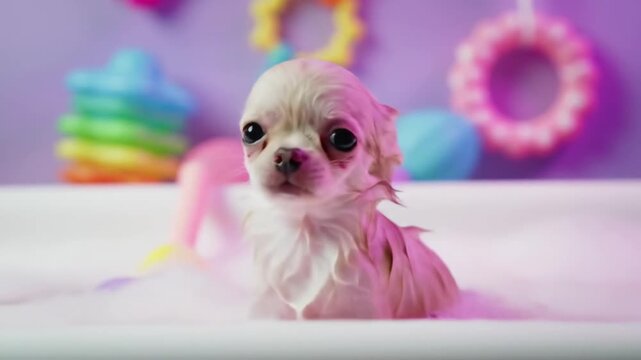 Wet chihuahua puppy in bath with bubbles, colorful toys background, for pet care ads