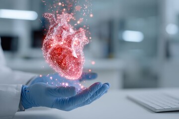 Fototapeta premium A hologram in the form of a heart in the hands of a doctor. Technologies and innovations in the prevention and treatment of cardiovascular diseases. Heart donation and transplantation. Selective focus