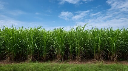 A vast green sugarcane field stretches under a clear blue sky with scattered clouds