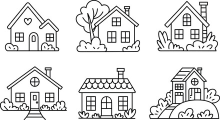 Fototapeta premium Hand-drawn house illustrations, black and white sketch, architectural styles, cartoon homes, landscape elements, creative design, doodle art, building concept