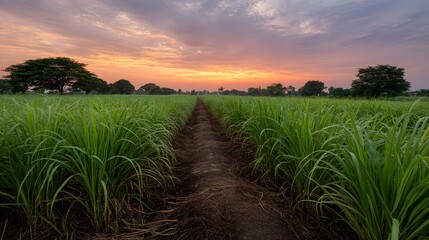 Vast green crop field stretching to the horizon under a vibrant sunset sky