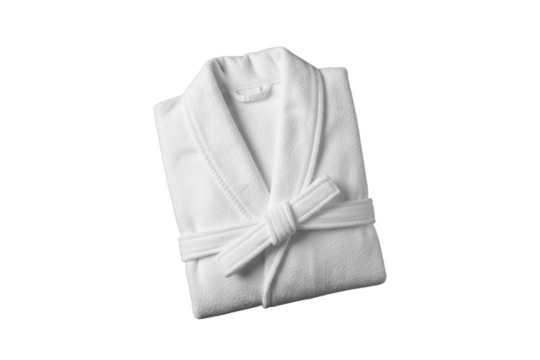 Clean white terry cloth bathrobe tied with a belt against black background