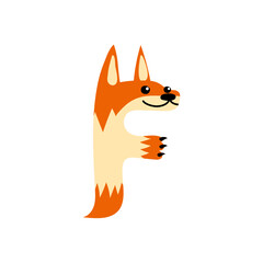 Obraz premium Cute cartoon fox shaped like the letter F, with paws and a tail, isolated on white