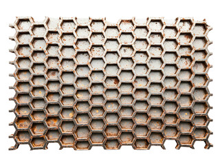 Old rusty industrial metal panel with a honeycomb pattern on a transparent background
