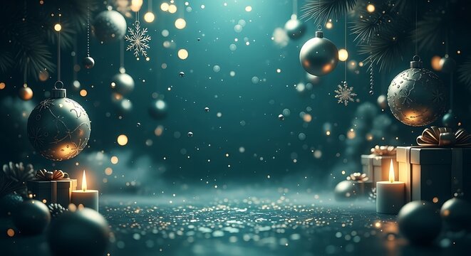 A festive christmas scene with ornaments, gifts, and candles, creating a magical and enchanting atmosphere with bokeh lights and a teal color palette