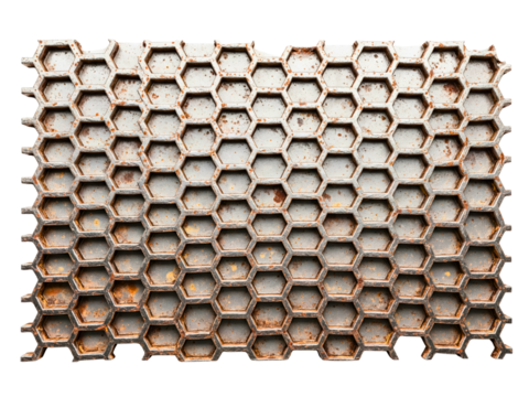 Old rusty industrial metal panel with a honeycomb pattern on a transparent background