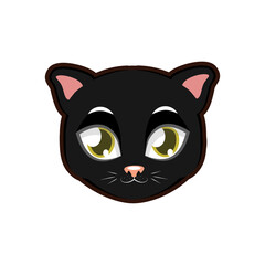 Cute cartoon black cat face illustration with big adorable yellow eyes in a kawaii style