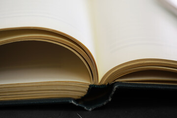 Open Book with Curved Pages on Dark Surface - Close-Up of Literature and Learning Concept