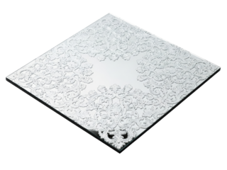 Square mirrored tile with an elegant etched baroque pattern on a transparent background