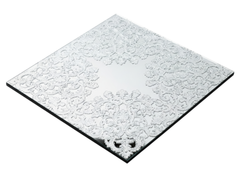 Square mirrored tile with an elegant etched baroque pattern on a transparent background