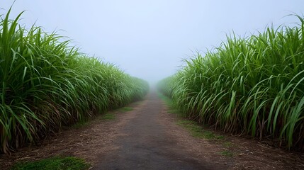 A dirt path leads through lush green sugarcane fields disappearing into a thick atmospheric mist