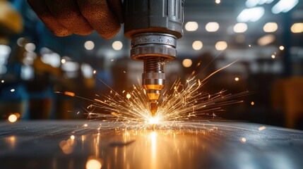 Skilled hands use a power drill to create a hole in a wooden surface in a vibrant workshop filled with tools and materials