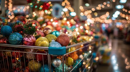 Filled Shopping Cart with Assorted Christmas Decorations and Ornaments in a Festive Store Setting