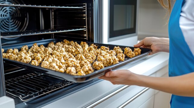 A young chef joyfully takes baked treats from an oven in a stylish kitchen filled with natural light and fresh ingredients