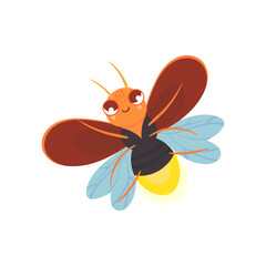 Cute cartoon firefly with a smiling face and glowing light, a charming insect illustration