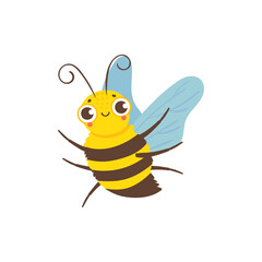 Cute cartoon bee illustration with happy expression and transparent wings, flying