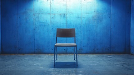A single wooden chair stands alone in a bold blue room, creating a feeling of isolation