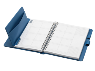 Open weekly planner with spiral binding and a blue cover on a transparent background