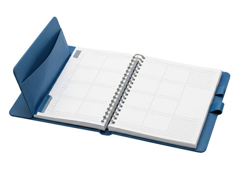Open weekly planner with spiral binding and a blue cover on a transparent background