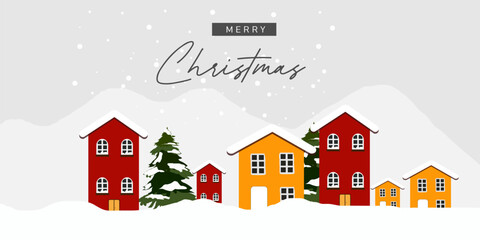 Fototapeta premium merry Christmas greetings Snow-Covered Town Illustration with Colorful Cottages