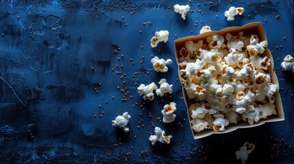 Fresh popcorn spills onto a vibrant blue background, creating a fun snack scene
