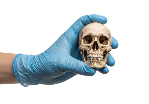 Hand in blue glove holding a human skull isolated on transparent background