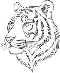 One line art of tiger profile head with minimal detail, elegant clean design, Minimal Tiger Face Line Drawing, Continuous Line Wild Cat Portrait, Elegant Wildlife Minimalist Vector