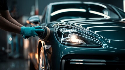 Professional Vehicle Paint Polishing with Buffer in Detailing Studio, Expert Hand Working on Car Finish