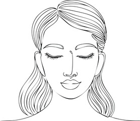 One-line art of closed-eye woman with peaceful expression, minimalist female face illustration calm beauty line drawing, serene modern aesthetic portrait vector, Woman Line Art with Closed Eyes